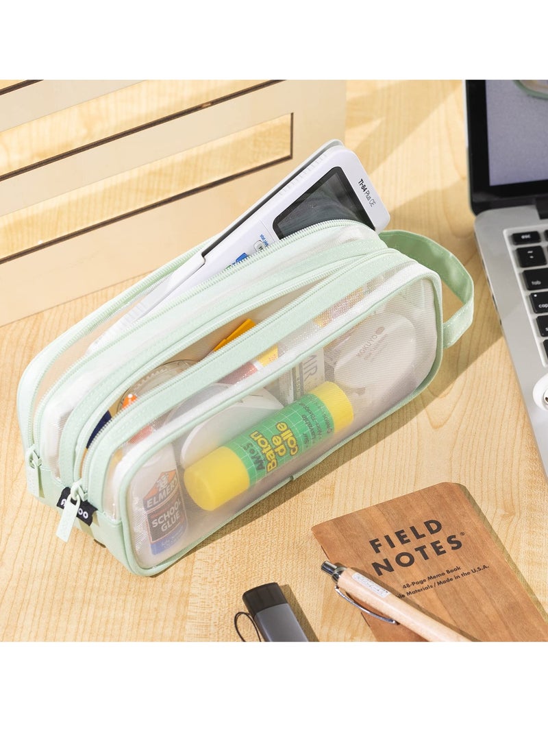 حافظة أقلام كبيرة السعة، حافظة أقلام شبكية، حقيبة أقلام مكونة من حجرتين، حقيبة أقلام شفافة محمولة باليد، حقيبة مكياج شفافة للكلية والمدرسة والمكتب والمراهقة والفتاة والصبي والنساء والرجال والبالغين (أخضر)