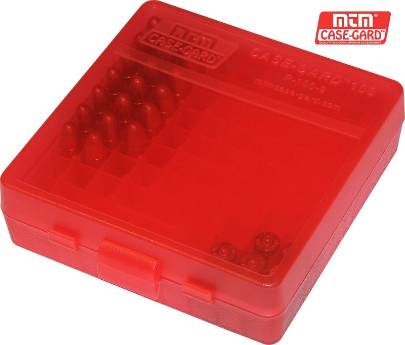 MTM P-100-9-29 Ammo Box 100 Round Flip-Top | Fits 9mm, 380 ACP | Easy to grip | Stackable, Snap Lock Latch | USA Made | Clear Red - Image 4