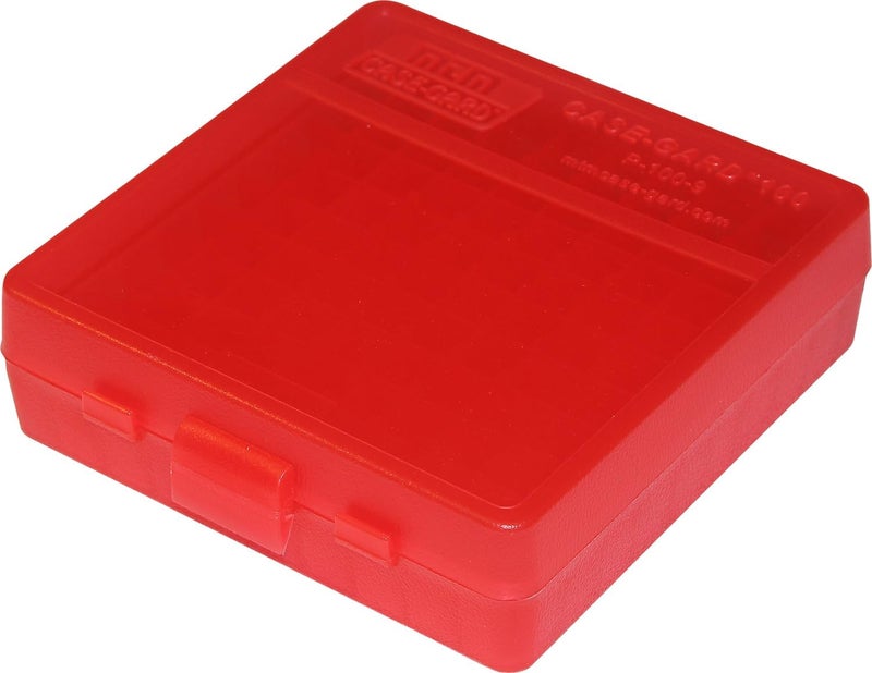 MTM P-100-9-29 Ammo Box 100 Round Flip-Top | Fits 9mm, 380 ACP | Easy to grip | Stackable, Snap Lock Latch | USA Made | Clear Red - Image 1