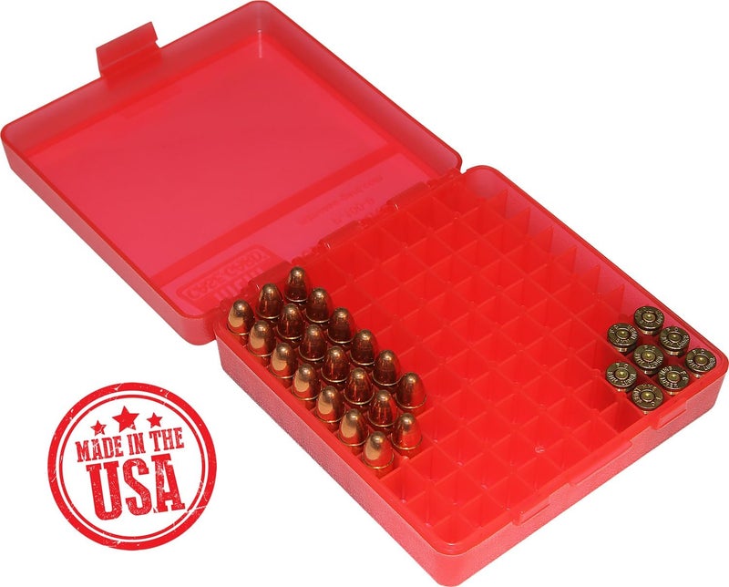 MTM P-100-9-29 Ammo Box 100 Round Flip-Top | Fits 9mm, 380 ACP | Easy to grip | Stackable, Snap Lock Latch | USA Made | Clear Red - Image 2