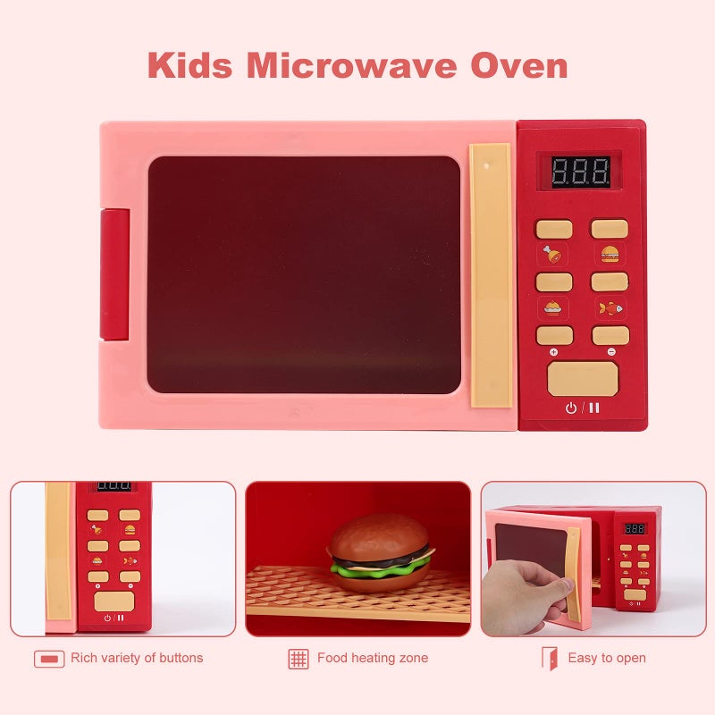 Cuterabit Toy Microwave Oven Playset with Light and Sound Toy Kitchen Appliances for Kids Play Kitchen Accessories and Toy Food for Toddlers 3 Year Old Up Girls Boys Red - Image 3
