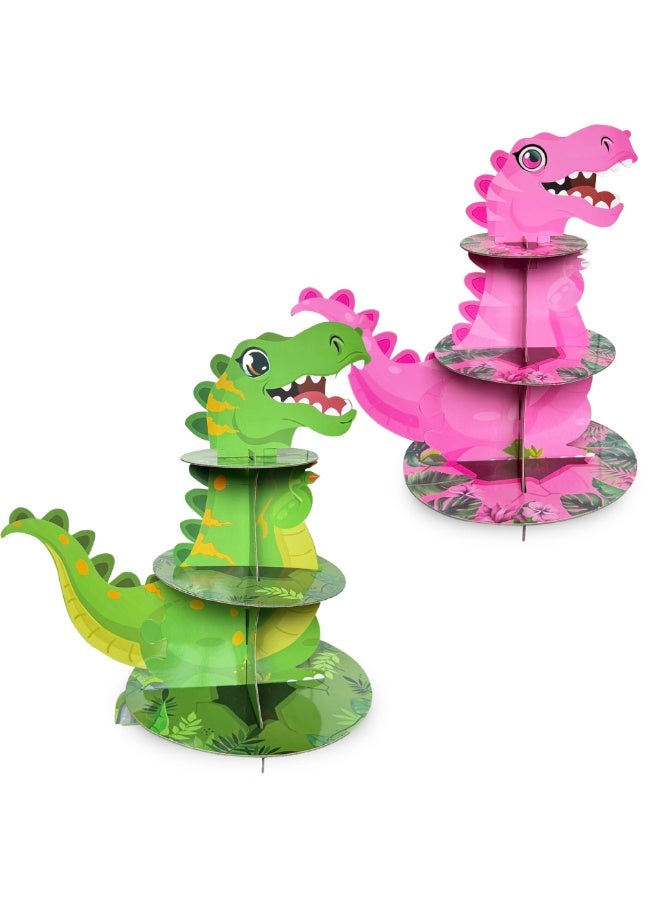 Dinosaur Cupcakes Stand, Funny 3 Tier Dinosaur Party Stand Cute Small Cake Stand for Birthday Supplies Decor(Pink) - Image 4
