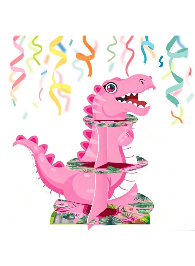 Dinosaur Cupcakes Stand, Funny 3 Tier Dinosaur Party Stand Cute Small Cake Stand for Birthday Supplies Decor(Pink) - Image 1