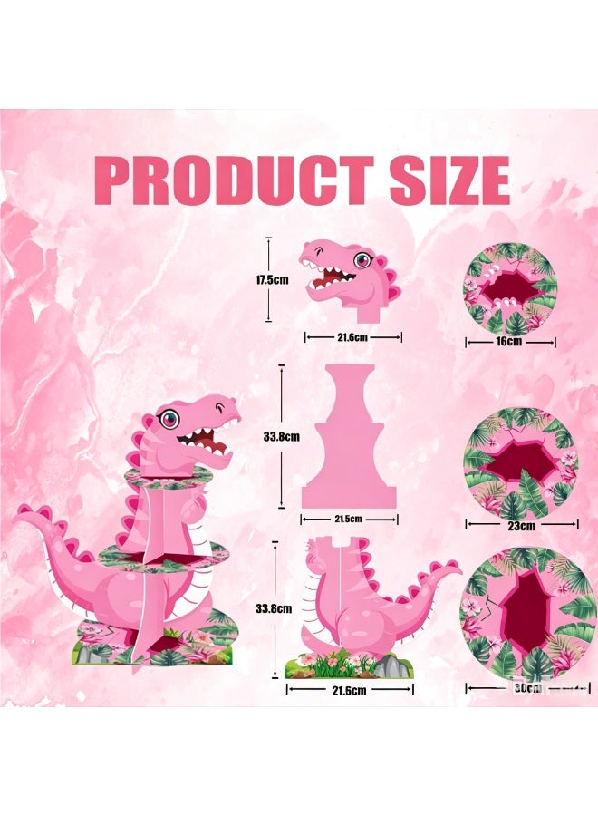 Dinosaur Cupcakes Stand, Funny 3 Tier Dinosaur Party Stand Cute Small Cake Stand for Birthday Supplies Decor(Pink) - Image 2