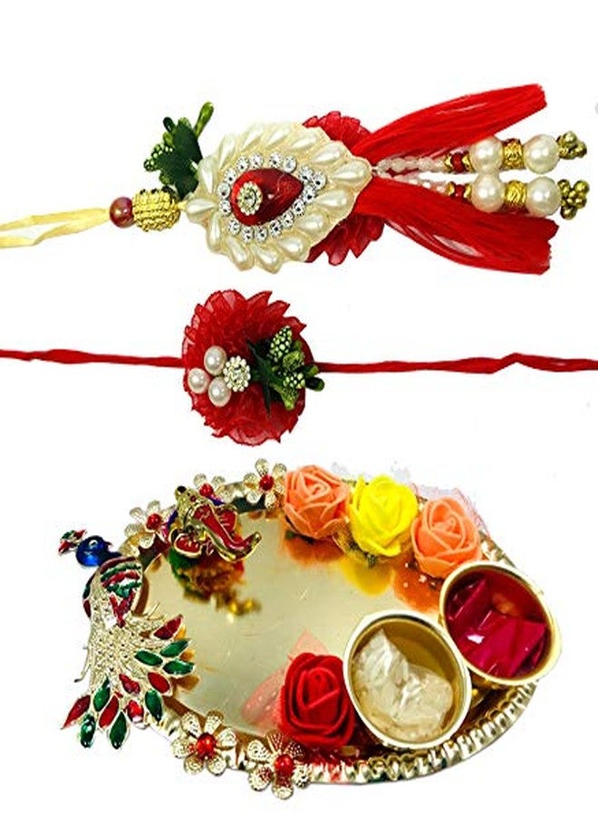 Evisha Beautiful Pearl And Stone traditional Bhai/Brother Bhabhi Rakhi Set and Roli Chawal Puja Plate | | rakhi || rakhi set || rakhi for brother || rakhi for brother and bhabhi || rakhi combo || bhaiya bhabhi rakhi || rakhi gifts - Image 1