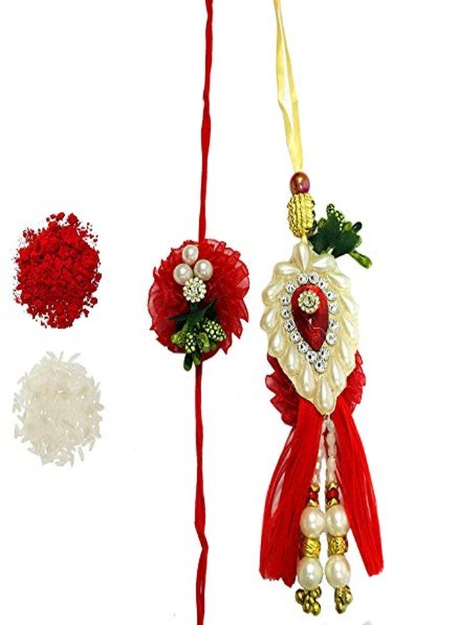 Evisha Beautiful Pearl And Stone traditional Bhai/Brother Bhabhi Rakhi Set and Roli Chawal Puja Plate | | rakhi || rakhi set || rakhi for brother || rakhi for brother and bhabhi || rakhi combo || bhaiya bhabhi rakhi || rakhi gifts - Image 2