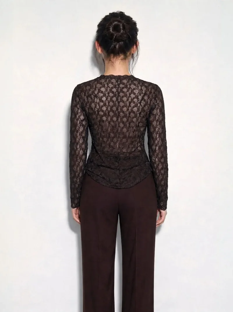 Bianco Lucci Dark Mocha Brown LUCCI Lace Crew Neck Long Sleeve Blouse for Women | Best Price UAE