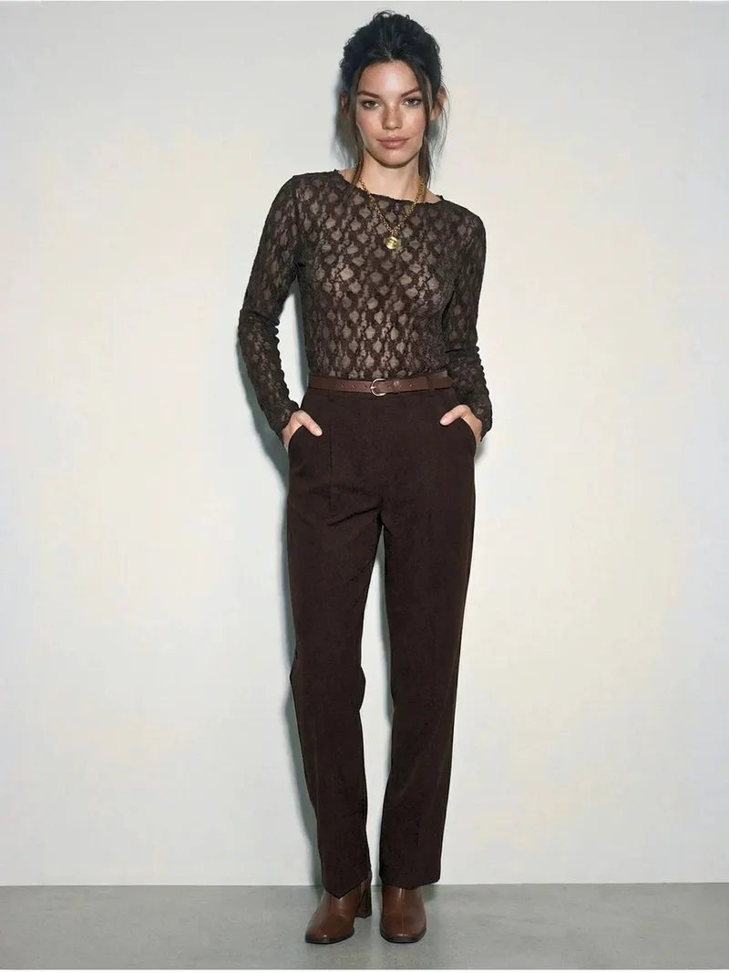 Bianco Lucci Dark Mocha Brown LUCCI Lace Crew Neck Long Sleeve Blouse for Women | Best Price UAE