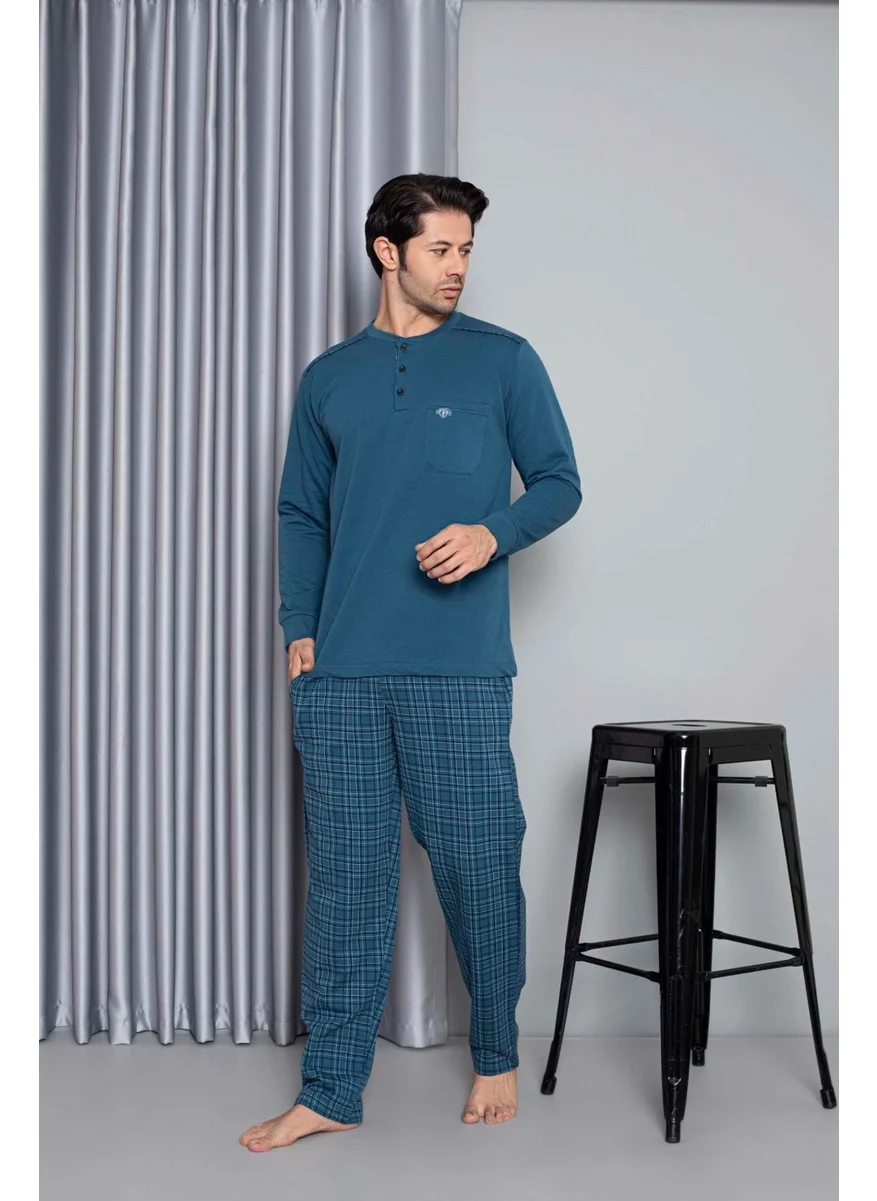 Bie'S Men's 3 Button Chest Pocket 100% Cotton 2 Yarn Winter Pocket Long Sleeve Pajama Set