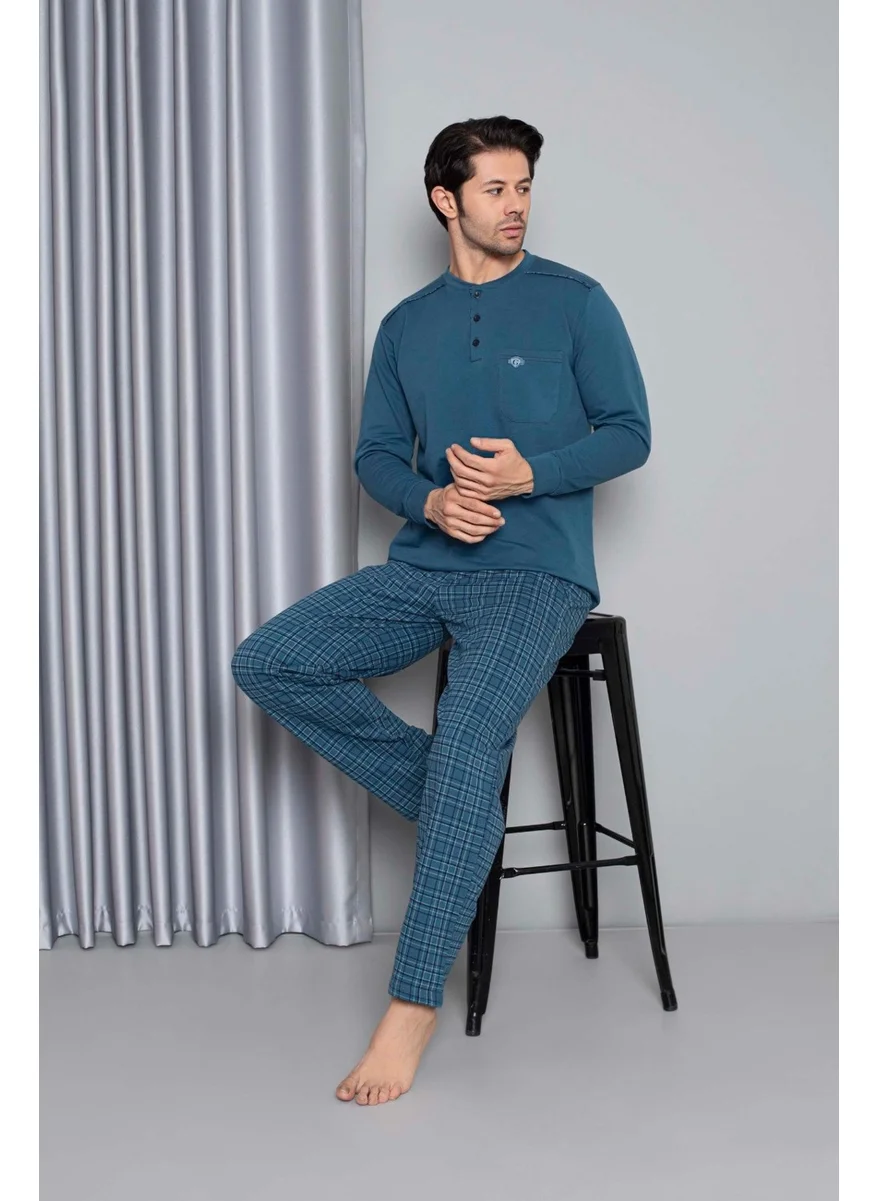 Bie'S Men's 3 Button Chest Pocket 100% Cotton 2 Yarn Winter Pocket Long Sleeve Pajama Set