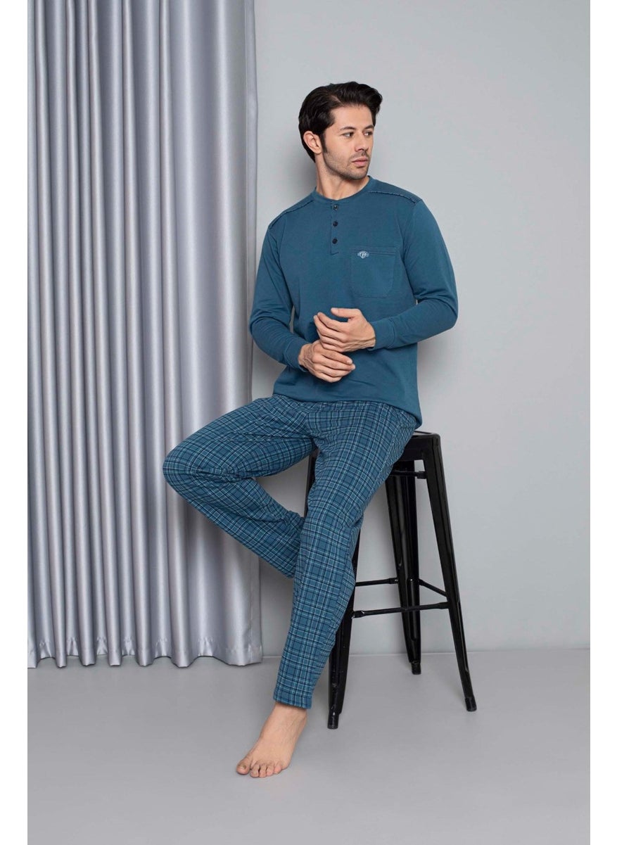 Bie's Men's 3 Button Chest Pocket 100% Cotton 2 Yarn Winter Pocket Long Sleeve Pajama Set  - Image 2