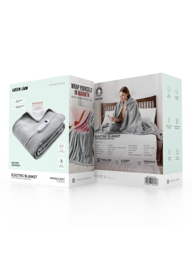 GREEN LION Premium Electric Blanket 160W with LCD Controller Electric Heating For Period Back Pain / machine washable / Adjustable Heat Level / Simple Control Buttons / Cord Length: 2.3 m - Grey - Image 4
