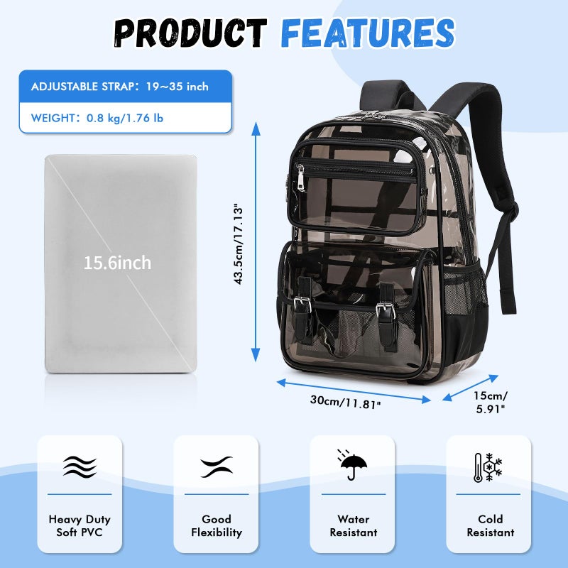 ASKSKY Large Clear Backpack Transparent Heavy Duty School Clear Bookbag See Through Bag Boys and Girls for College Work Travel Security, Semi Black - Image 2