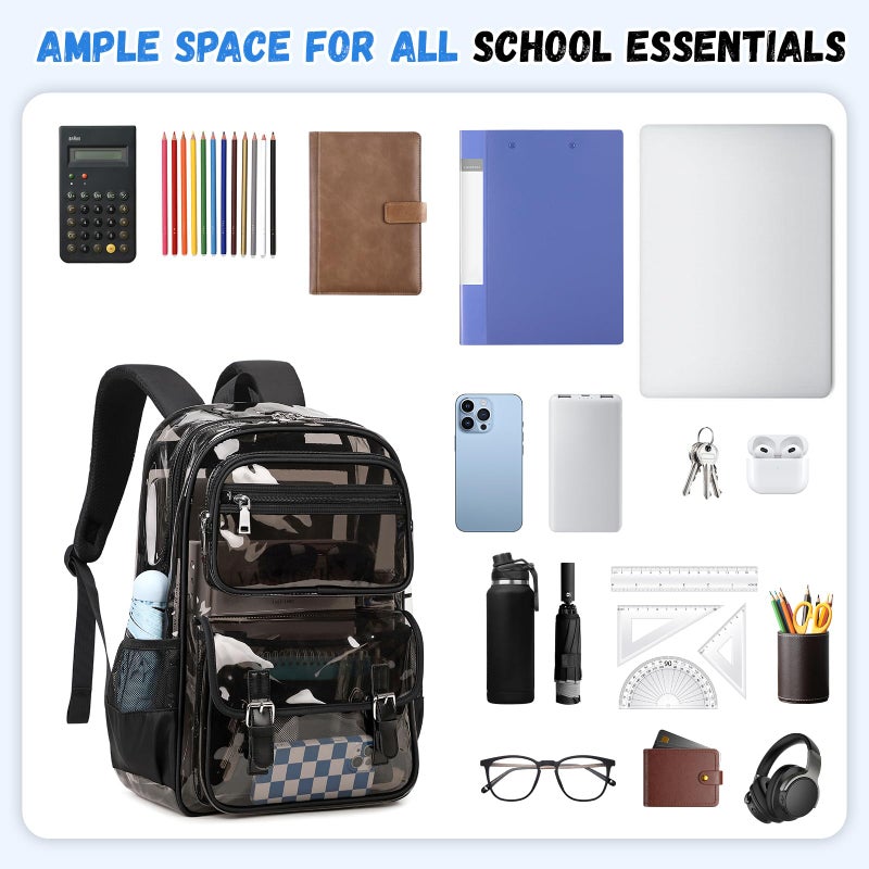 ASKSKY Large Clear Backpack Transparent Heavy Duty School Clear Bookbag See Through Bag Boys and Girls for College Work Travel Security, Semi Black - Image 4