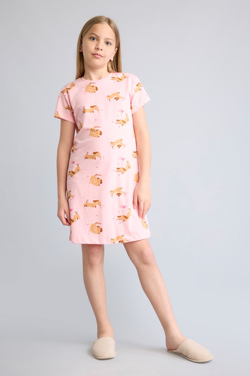 DeFacto Pink Girl Girl Dog Print Short Sleeve Pink Dress Casual - Image 1