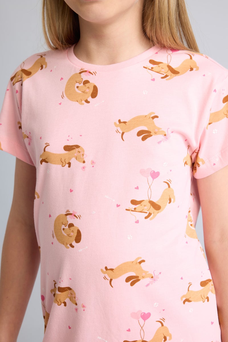DeFacto Pink Girl Girl Dog Print Short Sleeve Pink Dress Casual - Image 3