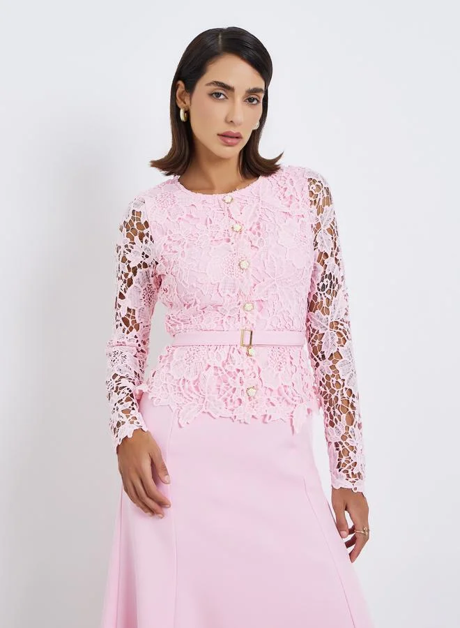 Styli Women Lace Insert Belted Maxi Evening Dress