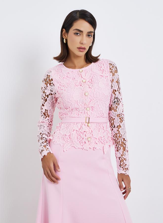 Styli Women Lace Insert Belted Maxi Evening Dress - Image 2