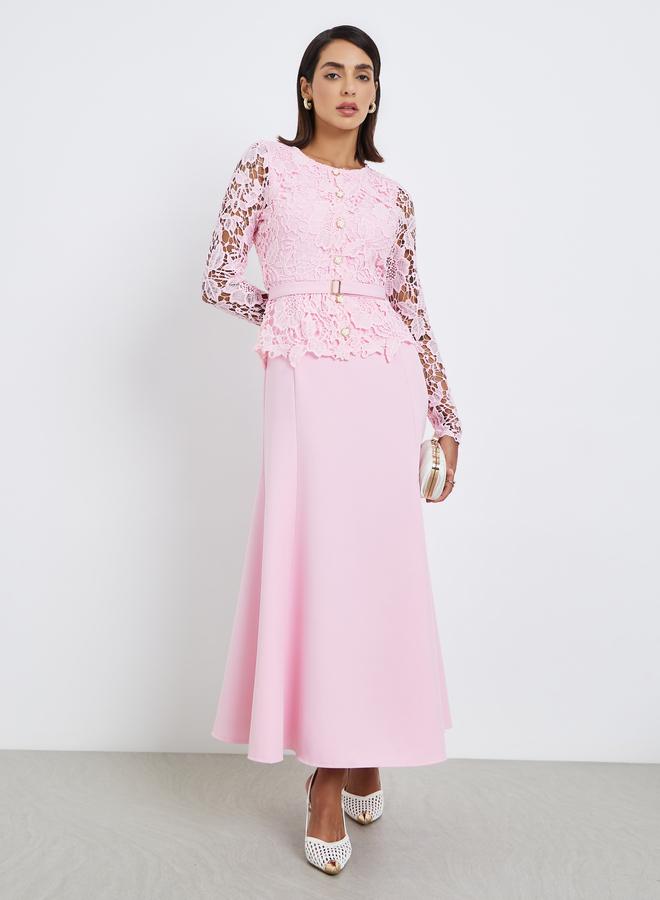 Styli Women Lace Insert Belted Maxi Evening Dress - Image 1