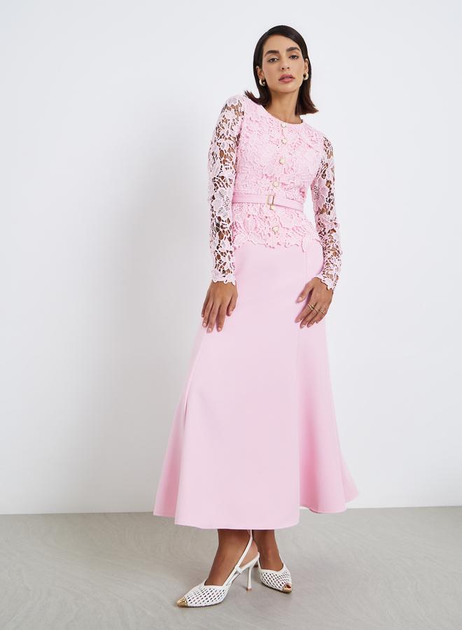 Styli Women Lace Insert Belted Maxi Evening Dress - Image 3