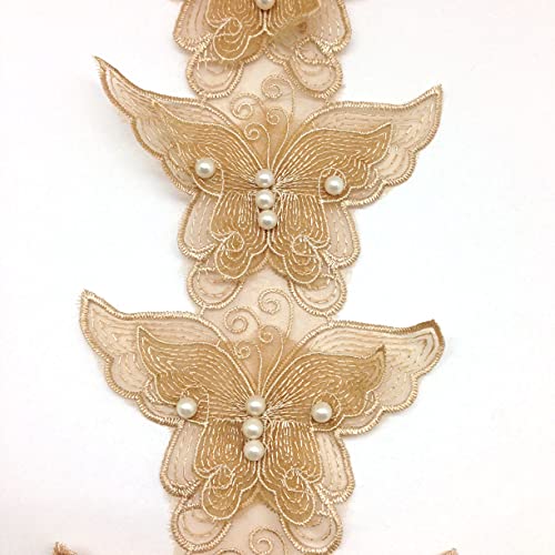 KARMELLING 10PC Gold Pearl Chiffon Butterfly Flower Embroidered Lace Edge Trim Ribbon, 11cm x 7.5cm - Image 2