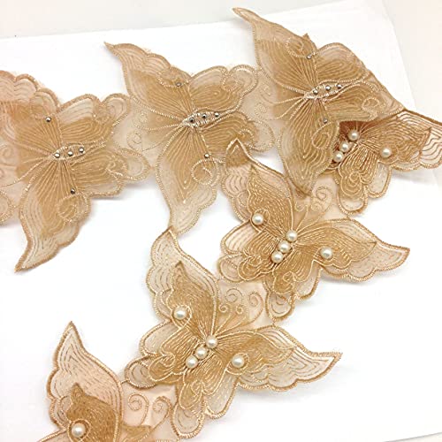 KARMELLING 10PC Gold Pearl Chiffon Butterfly Flower Embroidered Lace Edge Trim Ribbon, 11cm x 7.5cm - Image 3