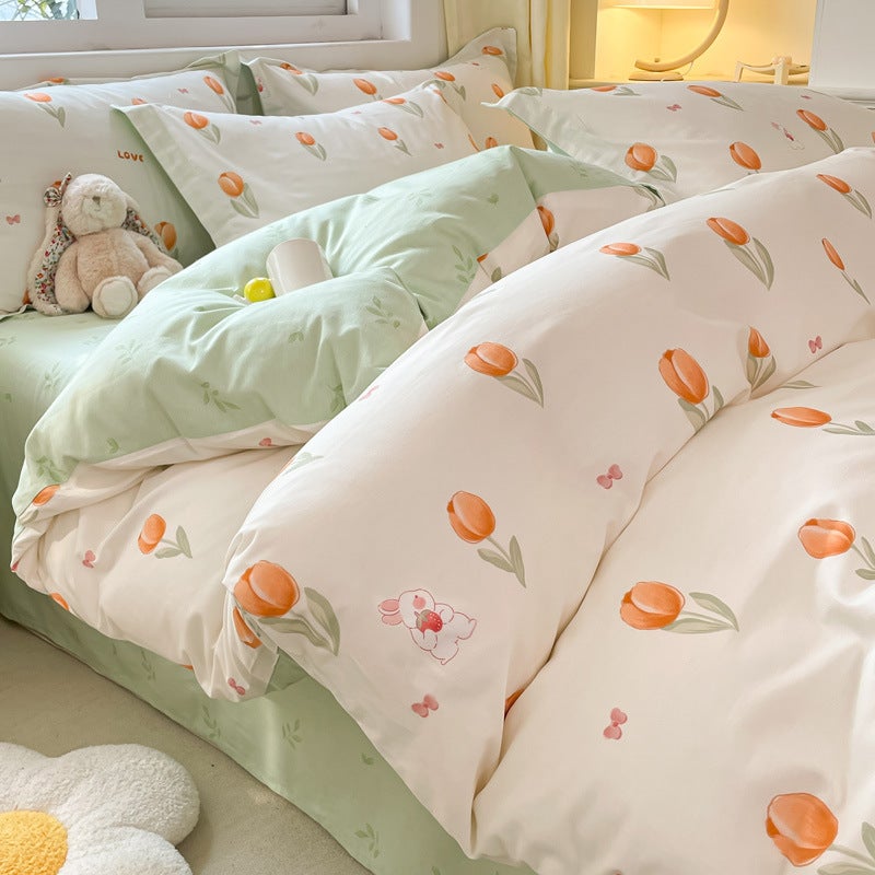 Spring And Cotton Small Fresh Printing Four-Piece Cotton Bed Sheet Quilt Cover Three-Piece Home Bedding Kit - Image 1