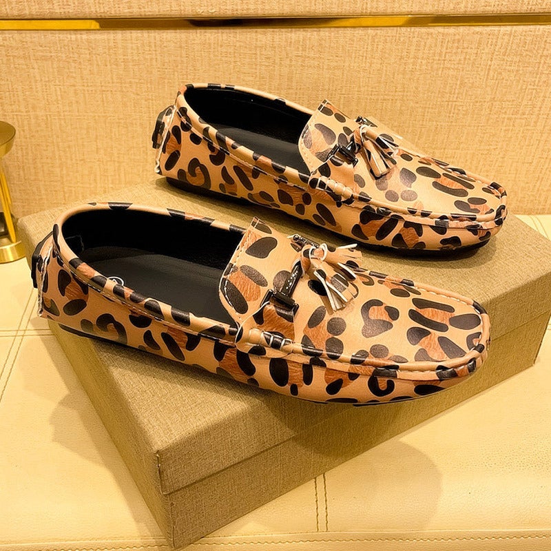 Leopard Noodles Pea Shoes Plus Size Men'S Casual Trendy Soft Sole Slip-On Leather Shoes Loafers - Image 2