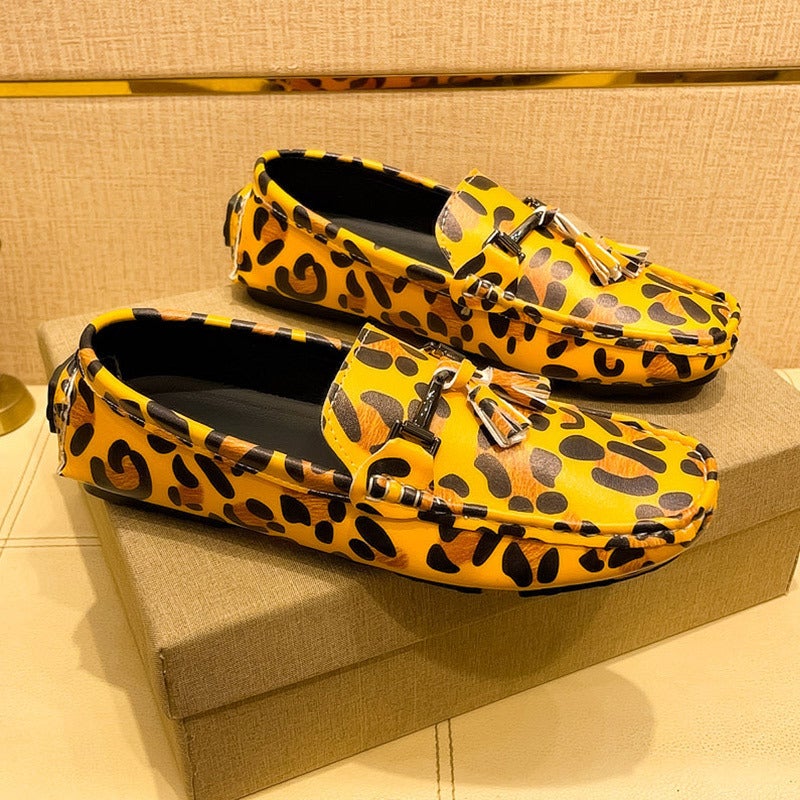 Leopard Noodles Pea Shoes Plus Size Men'S Casual Trendy Soft Sole Slip-On Leather Shoes Loafers - Image 4