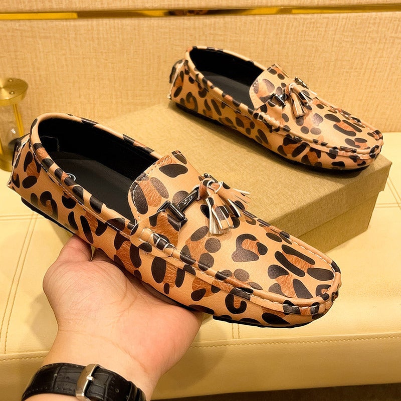 Leopard Noodles Pea Shoes Plus Size Men'S Casual Trendy Soft Sole Slip-On Leather Shoes Loafers - Image 1
