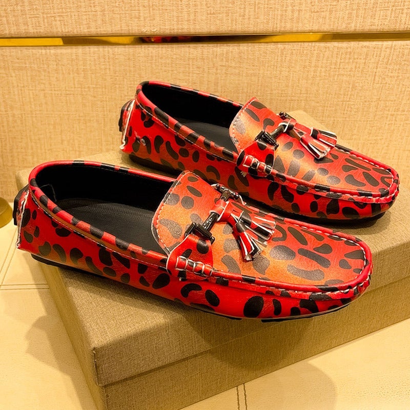 Leopard Noodles Pea Shoes Plus Size Men'S Casual Trendy Soft Sole Slip-On Leather Shoes Loafers - Image 3