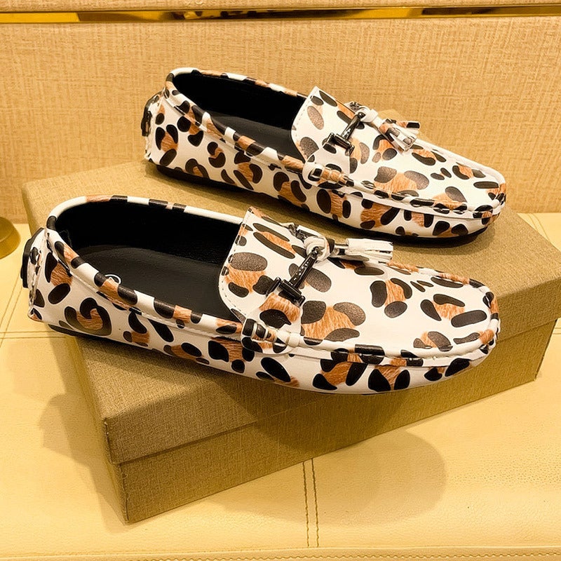 Leopard Noodles Pea Shoes Plus Size Men'S Casual Trendy Soft Sole Slip-On Leather Shoes Loafers - Image 5