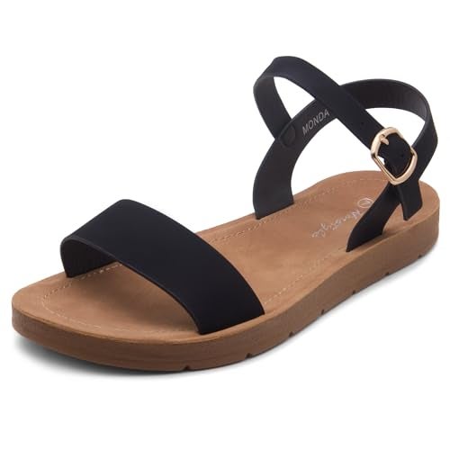 Herstyle Flat Sandals for Women – Open Toe One Band Ankle Strap Summer Dressy Sandals, Lightweight Casual Strappy Slip-On Flats with Adjustable Buckle, Black, Size 6.0, Monday - Image 1