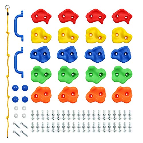 Rainbow Craft DIY Monkey Rock Climbing Holds for Kids - Wall Climbing Rocks of 20pc Rock Wall Holds, 2pc Handles & 1pc 8ft Knotted Climbing Rope - Kids Rock Climbing Holds Rock Wall Climbing Kit - Image 1