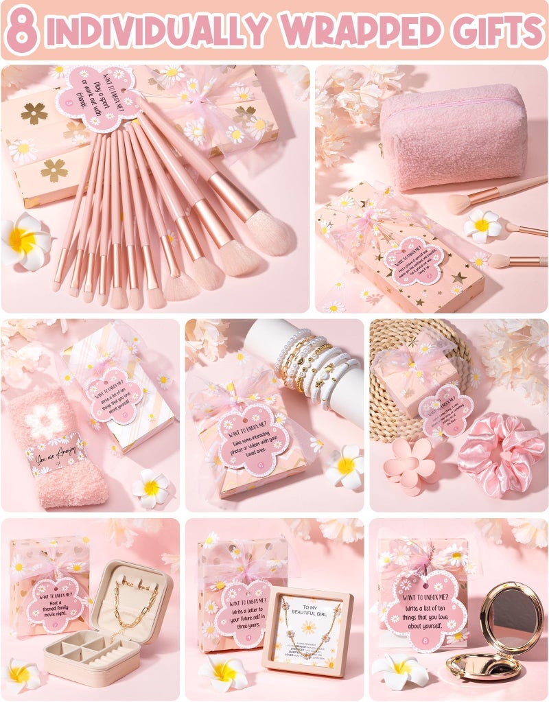 Qinline Christmas Gifts for Tween & Teen Girls - 8 PCS Birthday Gift Basket Teenage Teen Girls Trendy Stuff w/ Fun Task Tags Makeup Brushes & Bag, Empower Wrapped Gift Box Stocking Stuffers for Daughter Niece - Image 3