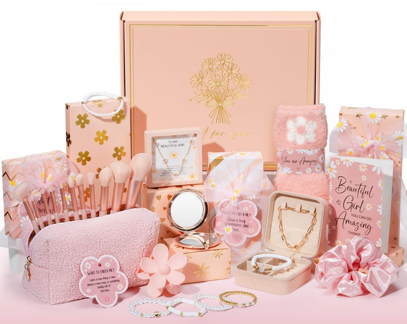 Qinline Christmas Gifts for Tween & Teen Girls - 8 PCS Birthday Gift Basket Teenage Teen Girls Trendy Stuff w/ Fun Task Tags Makeup Brushes & Bag, Empower Wrapped Gift Box Stocking Stuffers for Daughter Niece - Image 1