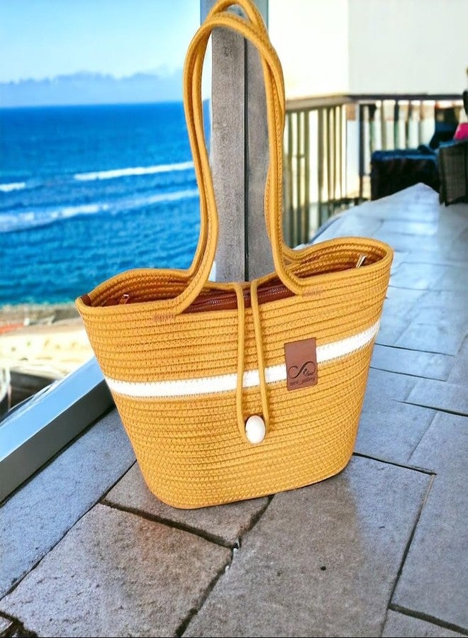 DYARCHY Attractive Hand Bag | Extra large Tote Bag | Summer Bag | Bucket Bag | Basket Bag | Bamboo Tote | Beach Bags for Women | Boho Bag | Kauna Bag | Handbag | Jute Bag | Handmade Bag (YELLOW) - Image 3