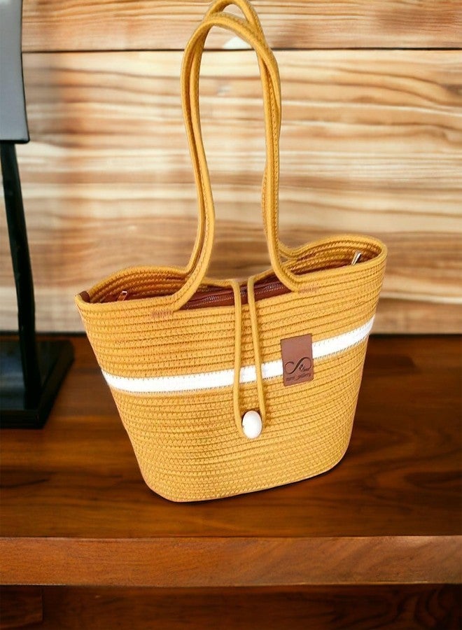 DYARCHY Attractive Hand Bag | Extra large Tote Bag | Summer Bag | Bucket Bag | Basket Bag | Bamboo Tote | Beach Bags for Women | Boho Bag | Kauna Bag | Handbag | Jute Bag | Handmade Bag (YELLOW) - Image 4