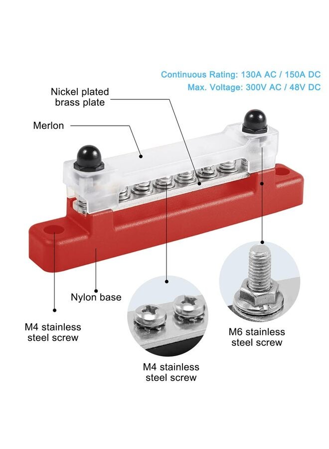 2PCS Bus Bar 48V DC 300V AC Power distribution block M6 Terminal Studs M4 Terminal Screws 12 Volt Battery Busbar with Cover Power Distribution Block for Marine, Automotive, Solar Wiring - Image 2