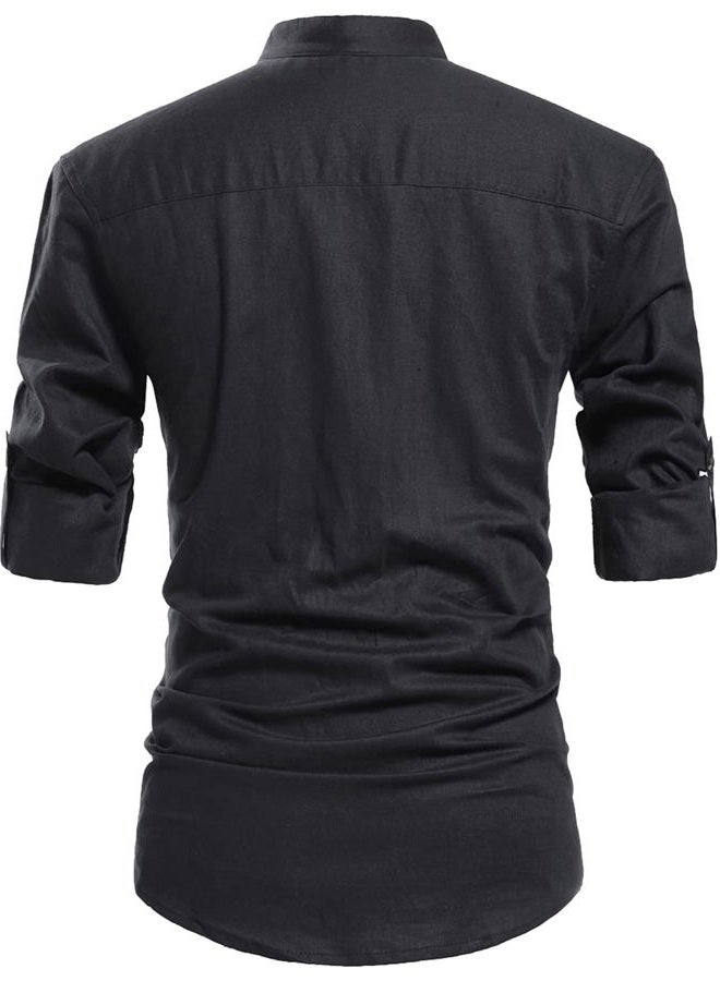 NITAGUT Men Henley Neck Long Sleeve Daily Look Linen Shirts, 03 Black, XXL - Image 2