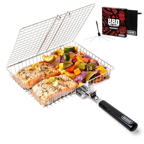 SHIZZO Grill Basket Set, Barbecue BBQ Grilling, Stainless Steel Folding Portable Outdoor Camping Rack for Fish, Shrimp, Vegetables, Cooking Accessories, Gifts for Dad, husband, Friends - Image 1