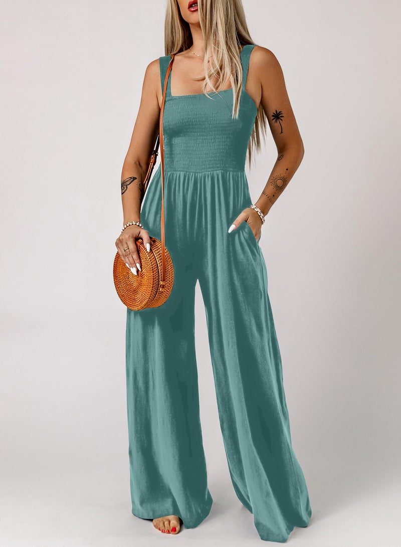 Dokotoo Womens Plus Size Sky Blue Jumpsuits for Women Overalls Loose Casual Wide Leg One Piece Sleeveless Solid Jumpsuit Long Pant Rompers with Pockets X-Large - Image 2