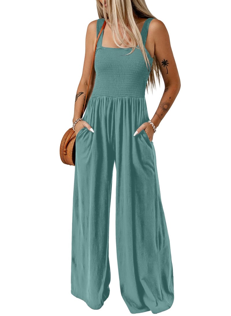 Dokotoo Womens Plus Size Sky Blue Jumpsuits for Women Overalls Loose Casual Wide Leg One Piece Sleeveless Solid Jumpsuit Long Pant Rompers with Pockets X-Large - Image 1