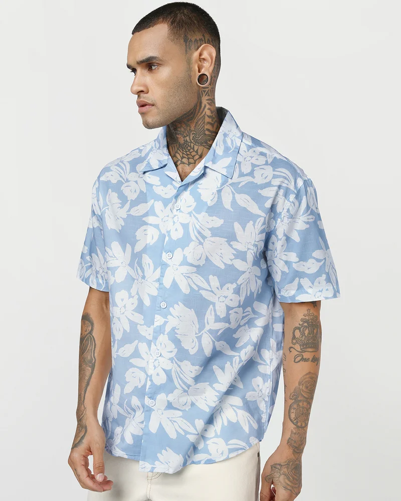 بيواكوف Men's Light Blue & White All Over Floral Printed Oversized Shirt