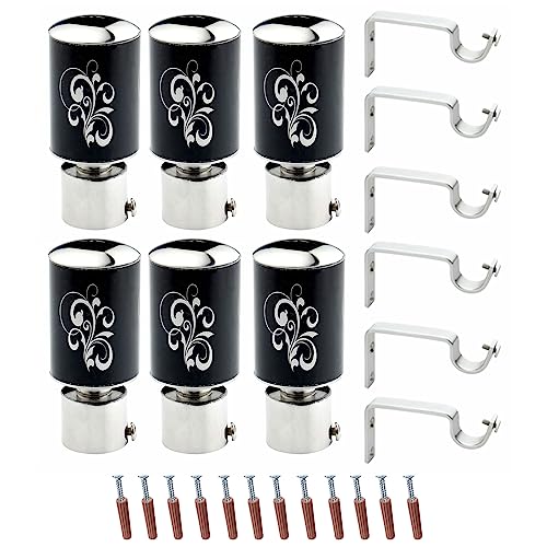 GLOXY ENTERPRISE Stainless Steel Curtain Brackets Parda Holders with Support Fittings 1 Inch Rod Pocket Finials Designer Door and Window (Black 3 Pair) - Image 1