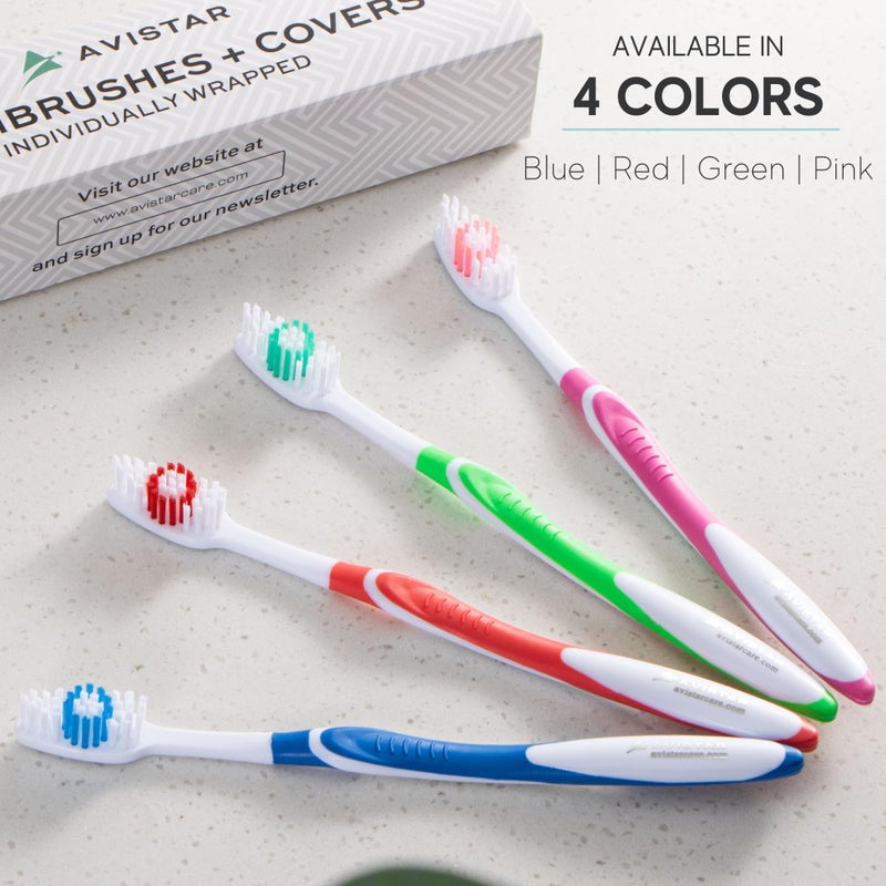 Avistar 104 Pack Bulk Toothbrushes w/Cover Caps, Individually Wrapped Disposable Travel Toothbrush, Value Size, Long Lasting 3+ Months, Med-Soft Manual Teeth Brush Bristles, 4 Colors (Red Green Blue Pink) - Image 4