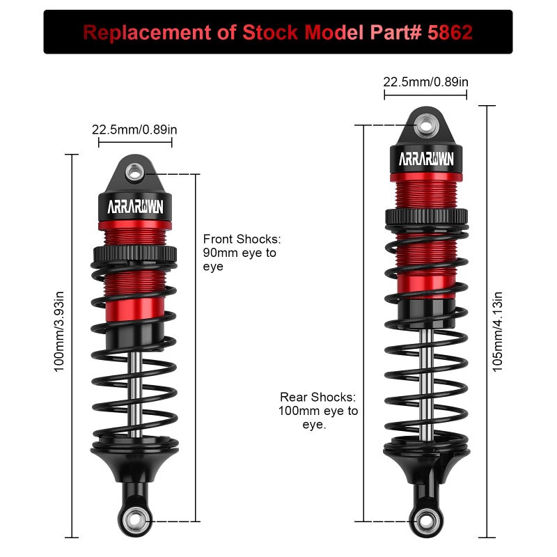 ARRAROWN 4PCS 1/10 RC Car Shocks Front & Rear Shock Absorber Damper Assembled Set Compatible with 1:10 Scale Traxxas Slash/Rustler/Stampede/Hoss VXL 4x4 2WD Replacement Parts#5862 (Black Red) - Image 3