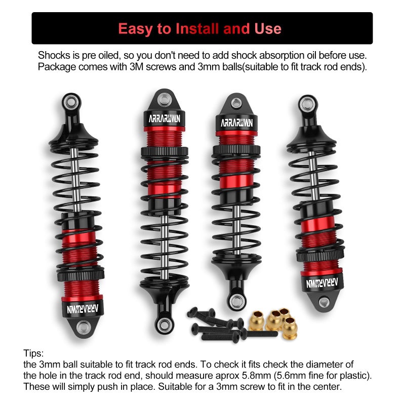 ARRAROWN 4PCS 1/10 RC Car Shocks Front & Rear Shock Absorber Damper Assembled Set Compatible with 1:10 Scale Traxxas Slash/Rustler/Stampede/Hoss VXL 4x4 2WD Replacement Parts#5862 (Black Red) - Image 4