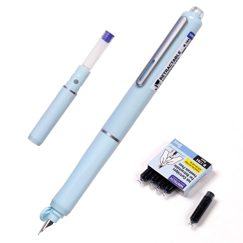WRITECH Fountain Pen Fine Nib: Black Ink Retractable Pen Set Includes 5 Ink Cartridges Smooth Writing No leaking for Gift (Blue) - Image 1