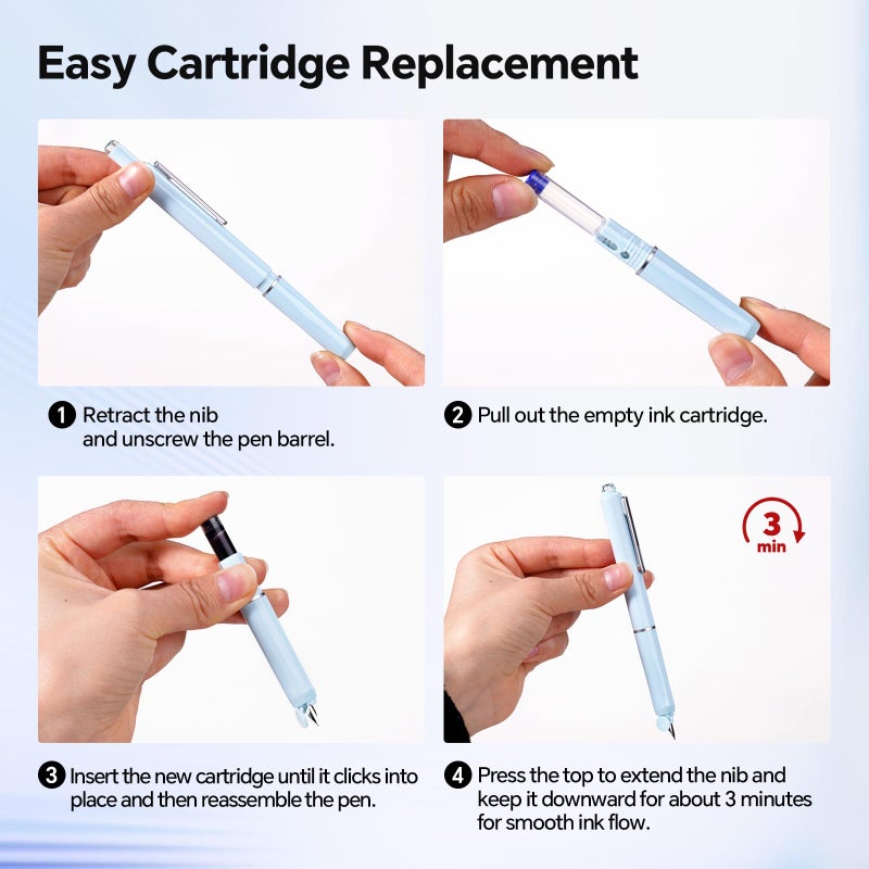 WRITECH Fountain Pen Fine Nib: Black Ink Retractable Pen Set Includes 5 Ink Cartridges Smooth Writing No leaking for Gift (Blue) - Image 2